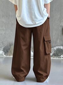 SHEIN 兒童青少年男孩休閒日常舒適工裝直筒寬鬆長褲，黑色工裝褲，新年款，6-7歲適用，適合外出、約會、上學，春秋秋冬四季穿著 - 棕色 - 查看 3