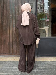 DAZY Women's Striped Long Sleeve Single-Breasted Shirt And Wide Leg Pants Casual 2 Pieces Set - Coffee Brown - View 2