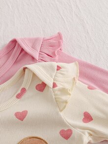 SHEIN 2 Pack Baby Girls Romper Jumpsuit Sweet Pink Cream Bear Heart Print Ruffle Bow Long Sleeve Round Neck Regular Holiday Fall Princess Cozy Ribbed - Baby Pink - View 8