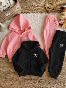 SHEIN LMoss Kids 買1送1，2件組女款純色連帽寬鬆休閒衛衣，度假風，休閒學院風，適合秋冬，日常穿著 - 彩色 - 查看 4
