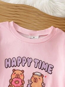 SHEIN 2件組女童長袖上衣與長褲套裝，粉色水豚印花，簡約休閒舒適柔軟修身居家服，適合春秋季 - 粉色 - 查看 3