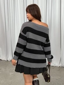 GalTyme Plus Size Women's Autumn/Winter Colorblock Striped Pattern Drop Shoulder Loose Fit Split Hem Long Pullover Sweater - Grey - View 2