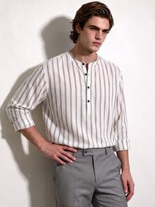 Manfinity Dauomo Men's Striped Long Sleeve Button Half Placket Casual Shirt - Beige - View 1