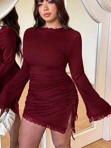 GalTyme Plus Size Solid Color Lace Patchwork Side Slit Dress Fall - Burgundy - View 6