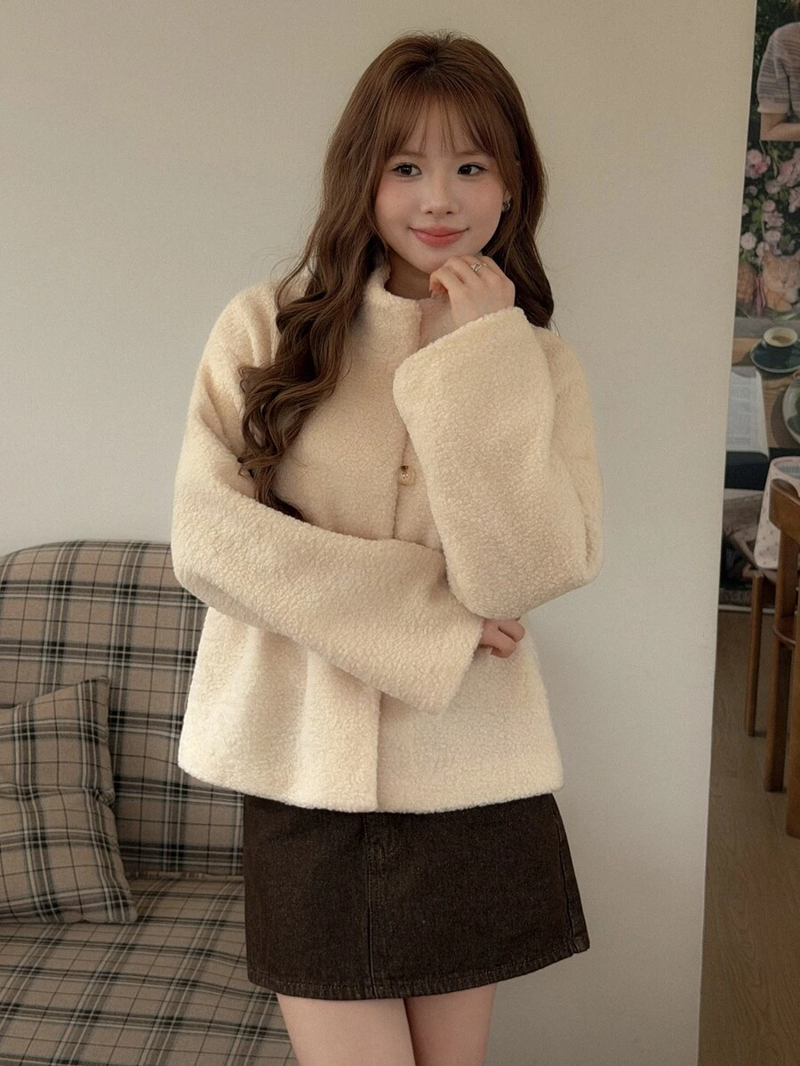 K-Vae Women's Autumn/Winter Lamb Wool Single-Breasted Coat, Beige - Apricot - View 1