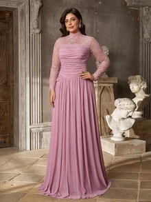 Serin Elegant Luxurious Stretch Lace Patchwork Decor With 3D Pleats, Floor-Length A-Line Formal Evening Gown For Vacation, Party, Birthday, Gala And Formal Occasions (Intricate Design) - Pink - View 6