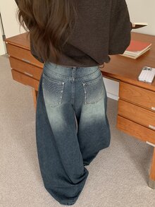 DAZY Women's Loose Casual Korean Style Rhinestone Streetwear Jeans - Blue - View 6