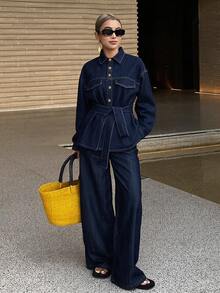 DAZY Women's Button-Up Long Sleeve Jacket And Loose Button-Up Pocket Denim Pants Set - Blue - View 1