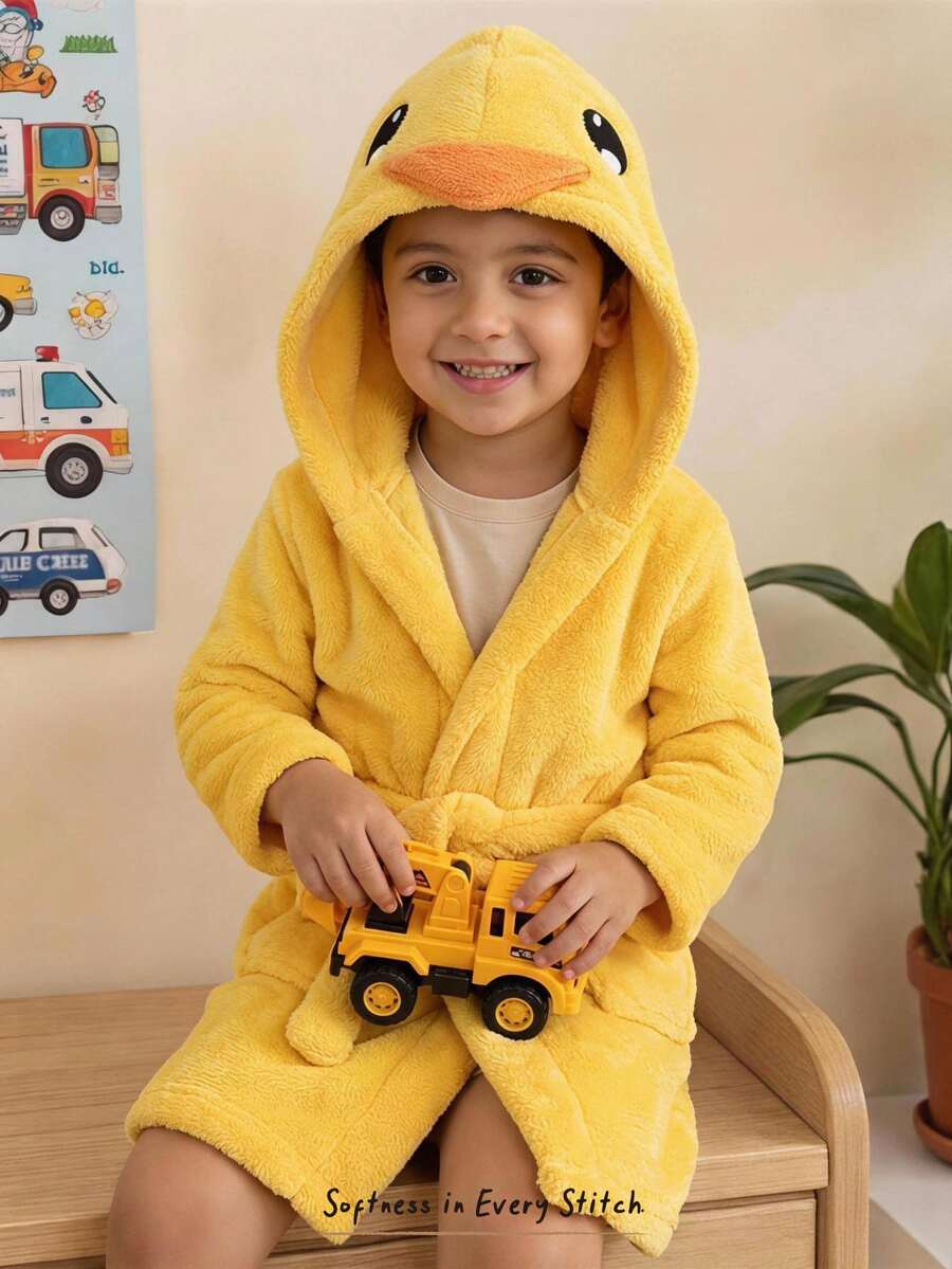 Cozy Pixies Kids Young Boy Casual Daily Comfortable Yellow Duck Cute Cartoon Pattern Plush Open Front Long Sleeve Morning Robe Loungewear - Blue - View 1