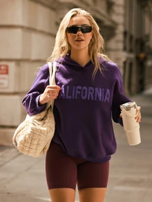 Voyena Women's Plus Size Letter Print Casual Everyday Hooded Sweatshirt Fall - Purple - View 1