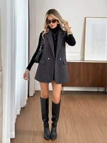Easowa 復古羊毛格紋無袖西裝外套，休閒隨性優雅通勤老錢風秋冬女款西裝 - 黑色 - 查看 5