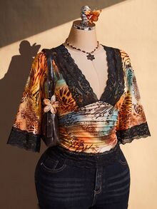 SHEIN ICON 大尺碼 Y2K 復古性感豹紋 V 領蕾絲拼接喇叭袖上衣 - 彩色 - 查看 5