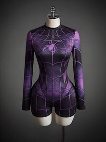 SHEIN ICON 女款蜘蛛網印花修身連身褲，萬聖節女裝服裝 - 彩色 - 查看 3