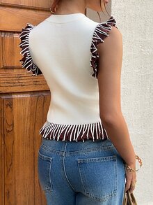 Siren Gaze Women's Fashion Ivory Colorblock Sleeveless Brown Ruffle Hem Knit Top - Apricot - View 2