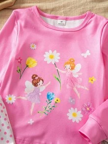 SHEIN 秋冬款女童幼兒針織圓領薄款可愛夢幻仙氣卡通圖案玫瑰紅小圓點拼接褲仙靈俏皮數位印花 4 件套長袖長褲修身舒適柔軟面料女童睡衣家居服 - 粉色 - 查看 8