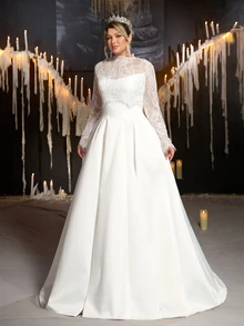 Glamrae فستان زفاف مقاس كبير أنيق رومانسي فاخر مزين بالخرز والدانتيل بتصميم مرقع من الساتان المطاطي بياقة واقفة 2 في 1 شفاف بأكمام طويلة ضيق بقصة A-Line مع ذيل - أبيض - مشاهدة 6