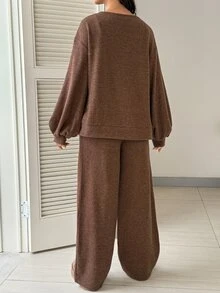 SHEIN Fall Maternity Solid Color Front Tie Drop Shoulder Long Sleeve Jacket And Adjustable Waist Wide Leg Pants Casual Loose Fit 2 Pieces Set Brown - Brown - View 2