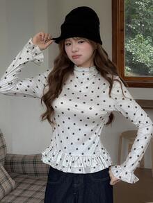 K-Vae Women's Korean Style Preppy Vintage Polka Dot Long Sleeve Top, Autumn Double Layer Ruffle Hem Bell Sleeve Slim Fit Base Layer T-Shirt - Apricot - View 4