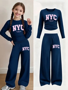 (1套) 青少年女孩秋季穿搭 NYC字母印花抓皺腰長袖上衣與寬腿長褲，休閒秋季服飾 - 藏蓝色 - 查看 6