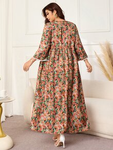 Lacomfia Plus Size Loose Fit Bamboo Linen Printed Fabric Dress With Patchwork Lace On Front Panel And Cuffs, Casual Style For Spring And Summer Daily Wear - Multicolor - View 2