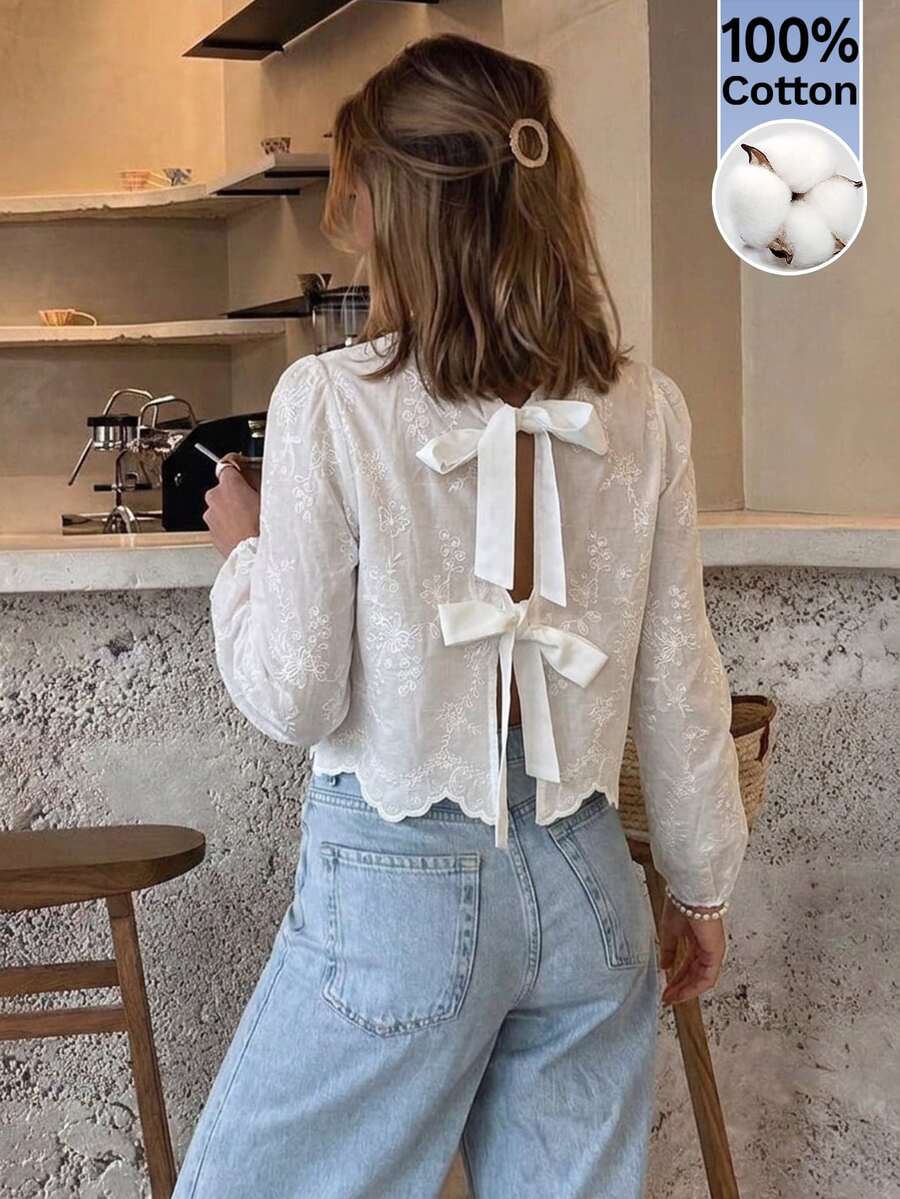 Serisse Women's Embroidered Back Bow Decor Fashion Blouse - White - View 1