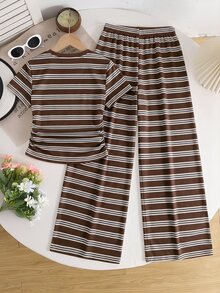 Tween Girl Striped Pattern Short Sleeve Crew Neck T-Shirt And Long Pants 2 Pieces Set - Multicolor - View 4