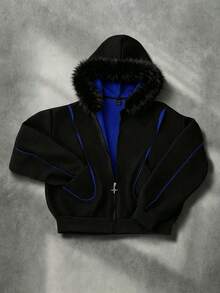 ROMWE MEN Street Life Men's Vintage Colorblock Patchwork Faux Fur Collar Hooded Sweatshirt - Blue - View 1