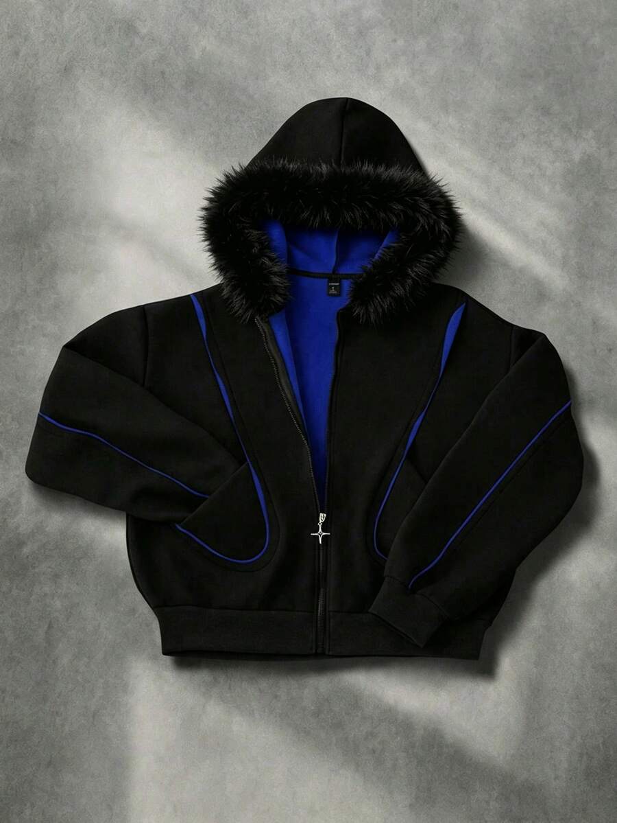 ROMWE MEN Street Life Men's Vintage Colorblock Patchwork Faux Fur Collar Hooded Sweatshirt - Blue - View 1