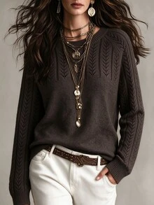 SHEIN 女款素色鏤空圓領長袖休閒套頭針織衫 - 咖啡棕 - 查看 4