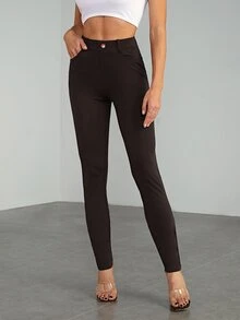 SHEIN Tall 女款純色高腰口袋修身休閒長褲 - 棕色 - 查看 8