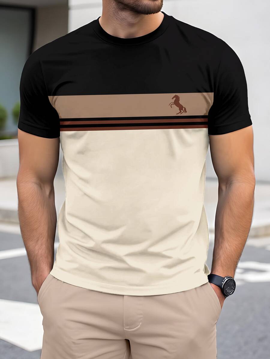 Azurnel Men's Horse Pattern Casual Daily Wear Short Sleeve T-Shirt - Apricot - View 1