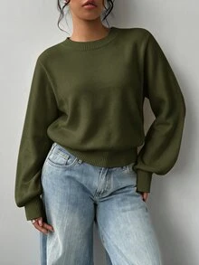 SHEIN BASICS 女款素色圓領長袖休閒基礎款寬鬆針織衫 淡黃色 秋冬日常上學早午餐穿搭 - 軍綠色 - 查看 1