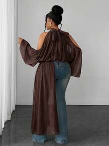 Maweii Plus Size Sexy Cold Shoulder Design Asymmetrical Hemline Blouse - Brown - View 6