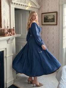 Lyrianda Plus Size Denim Effect Cinched Waist A-Line Dress - Royal Blue - View 2