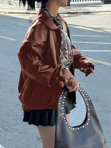 INAWLY 女款黑色酷帥機車風休閒街頭寬鬆長袖皮夾克，秋冬女裝，適合夜晚外出穿搭 - 棕色 - 查看 2
