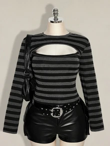 SHEIN ICON Plus Size Cutout Sexy Striped Colorblock Long Sleeve T-Shirt - Multicolor - View 1