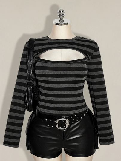 SHEIN ICON Plus Size Cutout Sexy Striped Colorblock Long Sleeve T-Shirt
