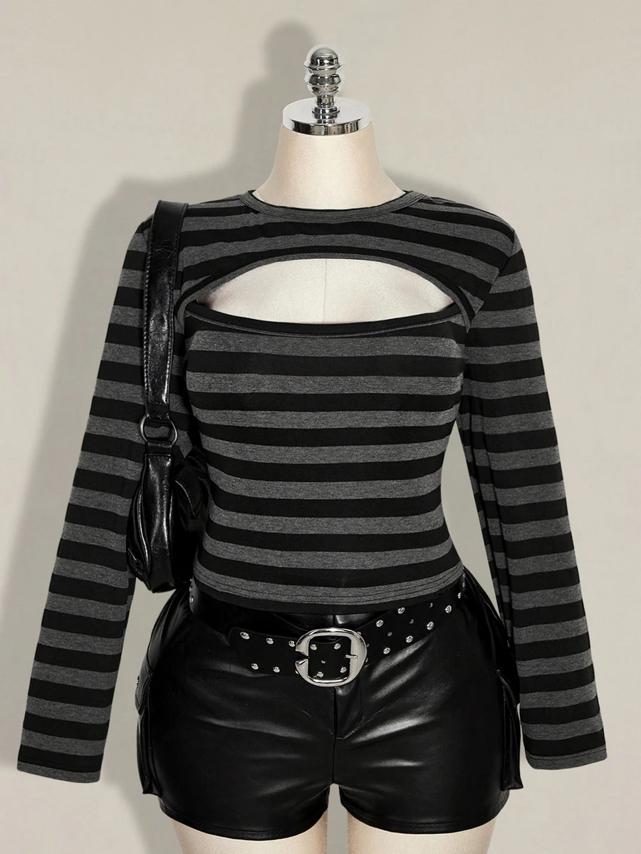 SHEIN ICON Plus Size Cutout Sexy Striped Colorblock Long Sleeve T-Shirt - Multicolor - View 1