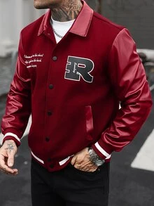 Manfinity CasualCool Men's Solid Colour Patchwork Front Button Long Sleeve Letter Print Casual Baseball Jacket,Teamjacket - Red - View 6