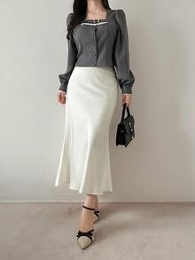 FRIFUL Blus Elegan Wanita Bergaris dengan Desain Gesper dan Renda Kontras, Kancing Tunggal - Grey - View 9