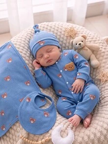 SHEIN Newborn Beige Bear Pattern Long Sleeve Long Pants Romper & Hat Set - Dusty Blue - View 1