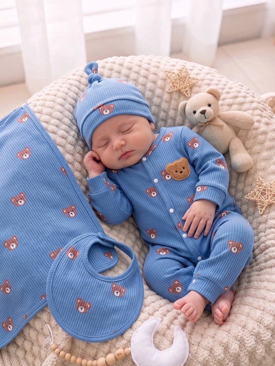 SHEIN Newborn Beige Bear Pattern Long Sleeve Long Pants Romper & Hat Set - Dusty Blue - View 1
