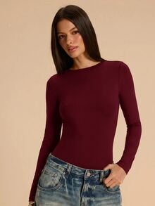 SHEIN BAE 女款純色露背長袖時尚休閒連身衣 - 酒紅色 - 查看 3