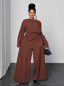 Maweii Plus Size Women's Solid Color One-Shoulder Long Sleeve Top And Wide Leg Pants 2 Pieces Set - Brown - View 3