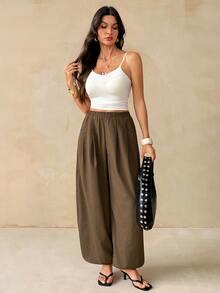 SHEIN Tall Tall Women's Brown Plaid Pattern Lantern Pants, Fashion, Casual, And Commuter Style - Brown - View 3