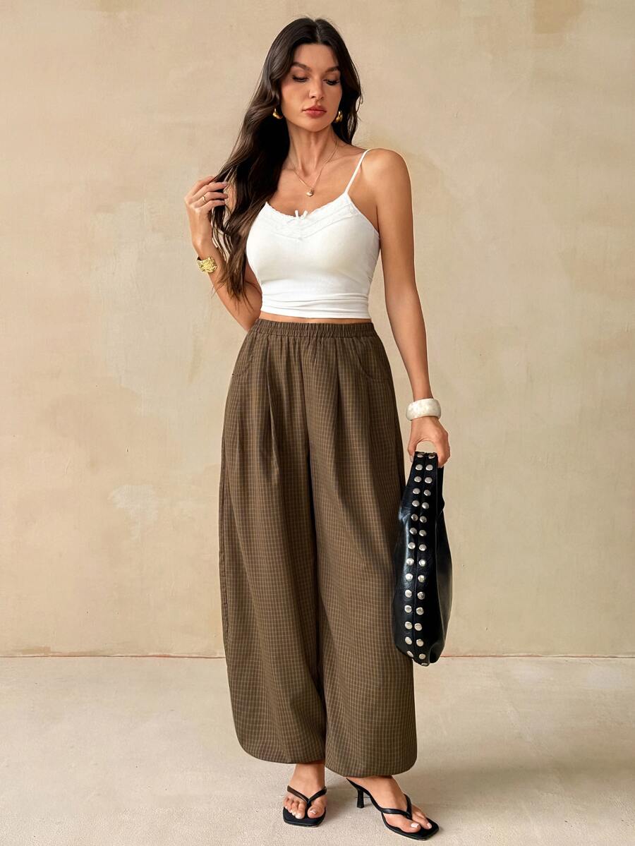 SHEIN Tall 高個女款棕色格紋燈籠褲,時尚休閒通勤風 - 棕色 - 查看 1
