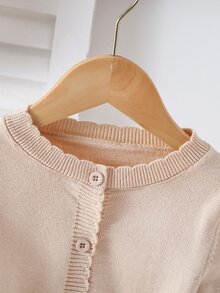 SHEIN 女嬰針織開襟外套，圓領長袖毛衣夾克，適合秋冬，紅色，百搭日常穿著，適用節日、聖誕，時尚優雅簡約時髦，適合日常、外出、旅行、上學、托兒所 - 駝色 - 查看 5
