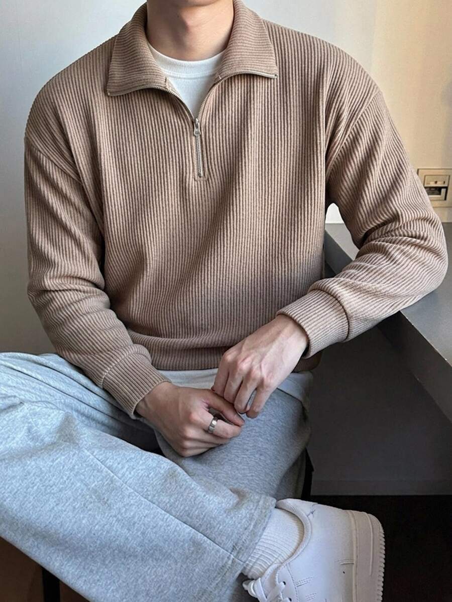 DAZY 春秋款針織羅紋拉鍊立領長袖卡其色男士套頭衛衣連帽衫 - 卡其色 - 查看 1