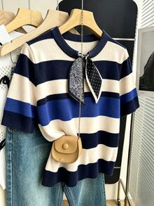 Franclia 女款春夏優雅休閒極簡時尚通勤百搭設計可拆卸圍巾蝴蝶結灰色短袖正肩圓領修身顯瘦大尺碼套頭針織衫 - 寶藍色 - 查看 4