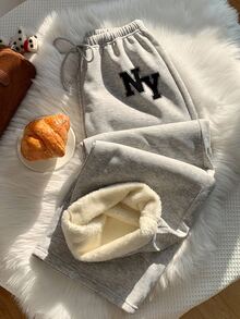 SHEIN EZwear 女款休閒保暖內裡直筒運動長褲，麻灰運動長褲，女款秋冬服飾，滑雪套裝 - 彩色 - 查看 3